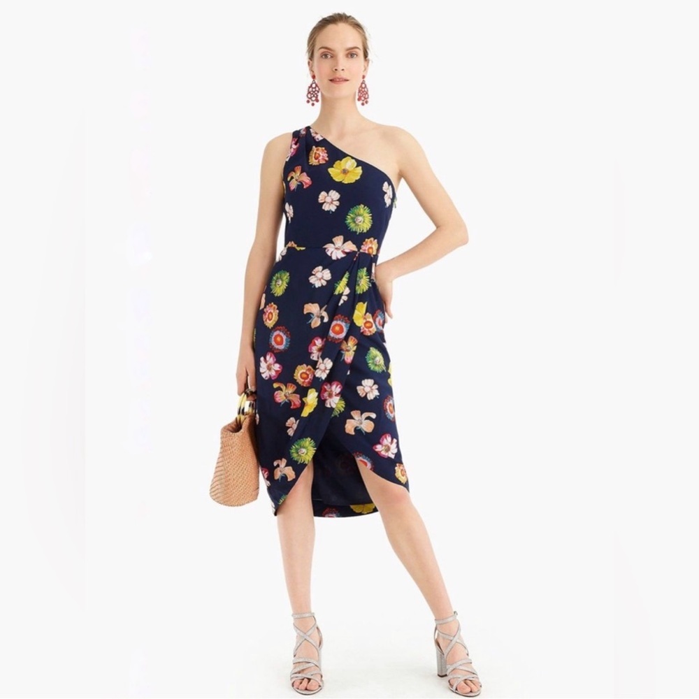 J. Crew Navy Floral One-Shoulder Satin Dress Size 8